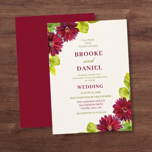 Invitation Mariage Coin Diagonal Daisy Bourgogne