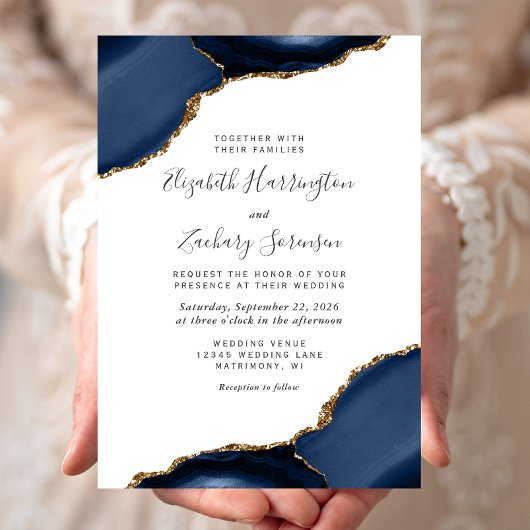 Invitation Mariage Coins Modernes Bleu Nuit Agate Or