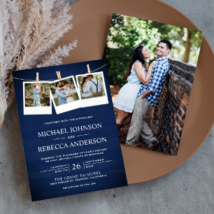 Invitation Mariage Collage Photo en Bois de Grange Bleu Marin