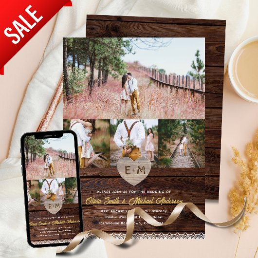 Invitation Mariage | Collage photo en dentelle de bois rustiq