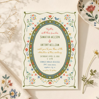 Invitation Mariage coloré aux oiseaux floraux folkloriques fa