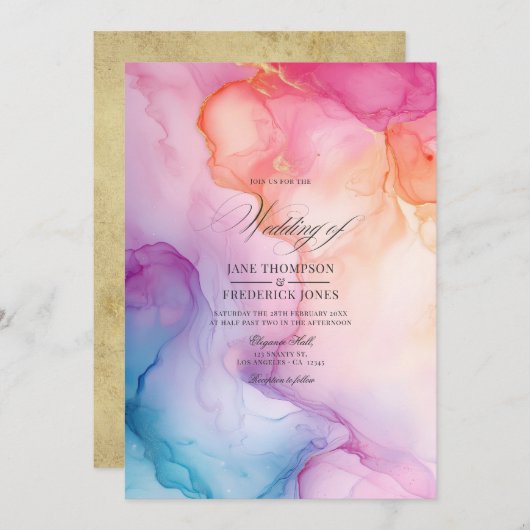 Invitation Mariage coloré avec accents or (Devant / Derrière)