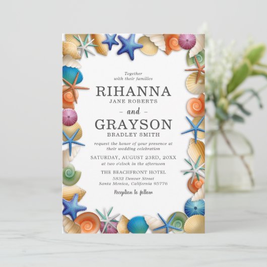 Invitation Mariage Coloré de Coquillages de Plage (Debout devant)