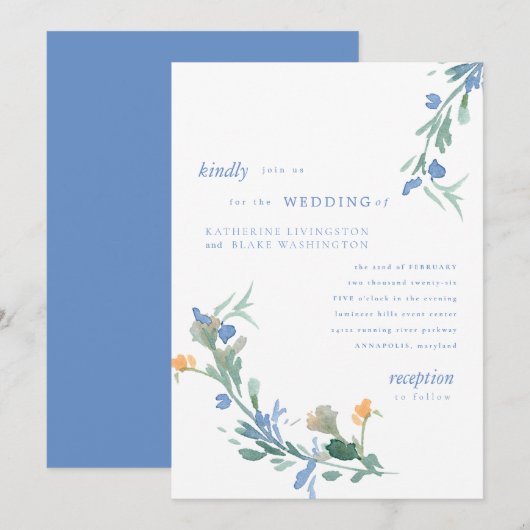 Invitation Mariage Coloré Fleur Sauvage Bleue (Devant / Derrière)