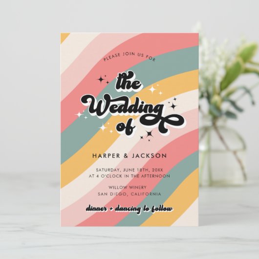 Invitation Mariage coloré les années 70 rétro (Debout devant)