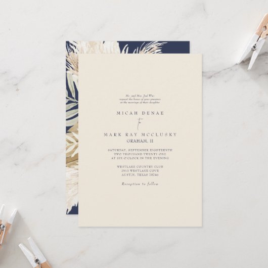 Invitation Mariage coloré Marine & Pampas Beige (Devant/Arrière en situation)