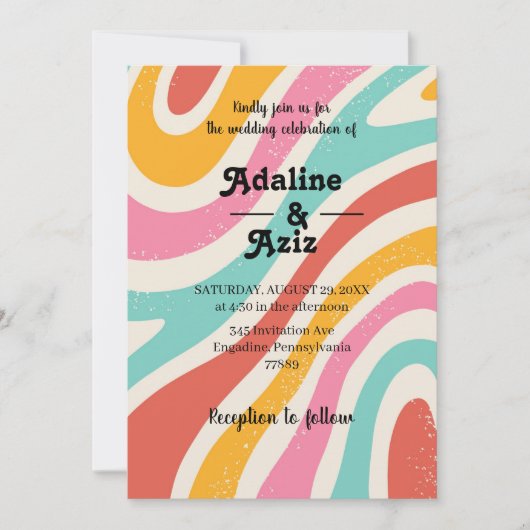 Invitation Mariage Coloré Rétro Groovy 70s Ondulé (Devant)