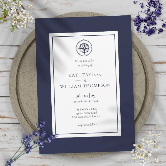 Invitation Mariage Compas Bleu Marine Et Blanc
