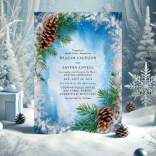 Invitation Mariage Cône de Pin Hiver Bleu Givre