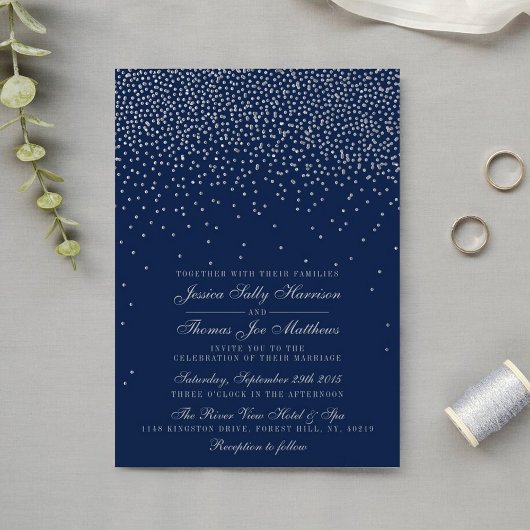 Invitation Mariage Confetti en argent de marine bleu et de gl