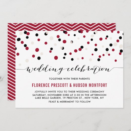 Invitation Mariage Confetti moderne rouge et noir (Devant / Derrière)