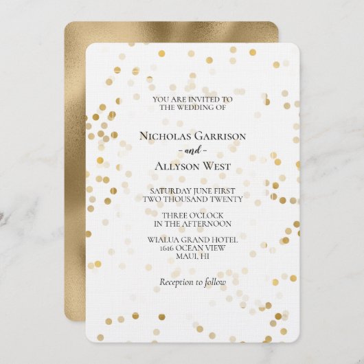 Invitation Mariage Confetti Or Blanc (Devant / Derrière)