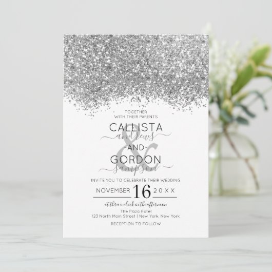 Invitation Mariage Confetti Parties scintillant blanche en ar (Debout devant)