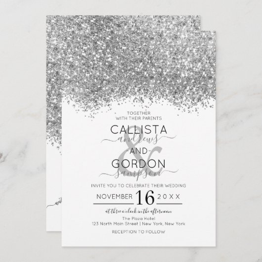 Invitation Mariage Confetti Parties scintillant blanche en ar (Devant / Derrière)