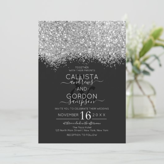 Invitation Mariage Confetti Parties scintillant noire en arge (Debout devant)