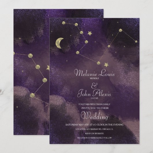 Invitation Mariage Constellation Lune Or Feuille Céleste (Devant / Derrière)