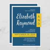Invitation Mariage contemporain moderne bleu & jaune minimal (Devant / Derrière)