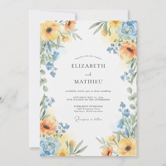 Invitation Mariage Coquelicot Azur Doré (Devant)