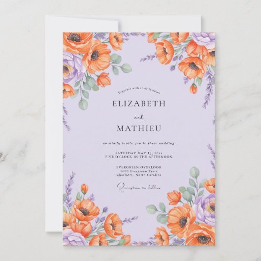 Invitation Mariage Coquelicot Orange Lilas (Devant)