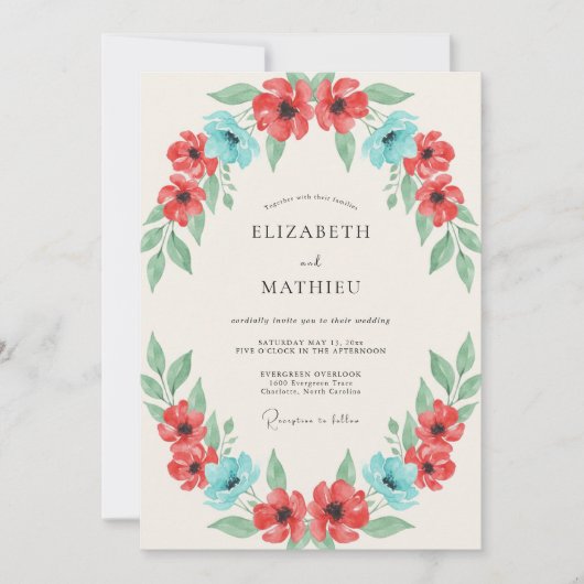 Invitation Mariage Coquelicot Turquoise Corail (Devant)