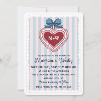 Invitation Mariage Coquette Bleu Rose Cœur à Fronces et Rayur