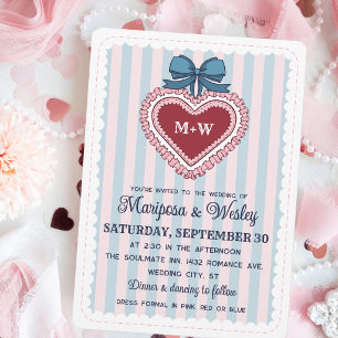 Invitation Mariage Coquette Bleu Rose Cœur à Fronces et Rayur