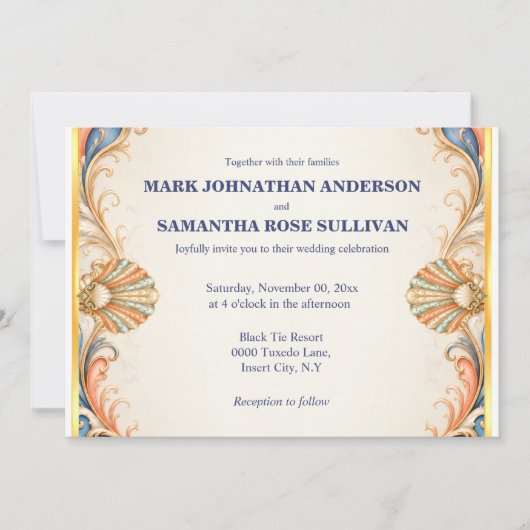 Invitation Mariage Coquillages Vintage Luxe Côtière (Devant)