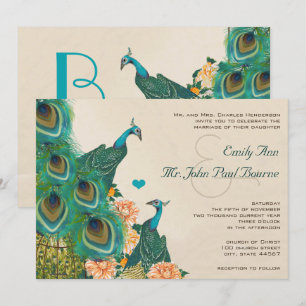 Invitation Mariage Corail Abricot Pivoine Oiseau Paon Cage Dé