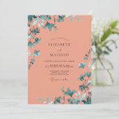 Invitation Mariage Corail Aqua Feuillu (Debout devant)