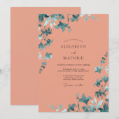 Invitation Mariage Corail Aqua Feuillu (Devant / Derrière)