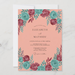 Invitation Mariage Corail Aqua Rouge bordeaux Fleur