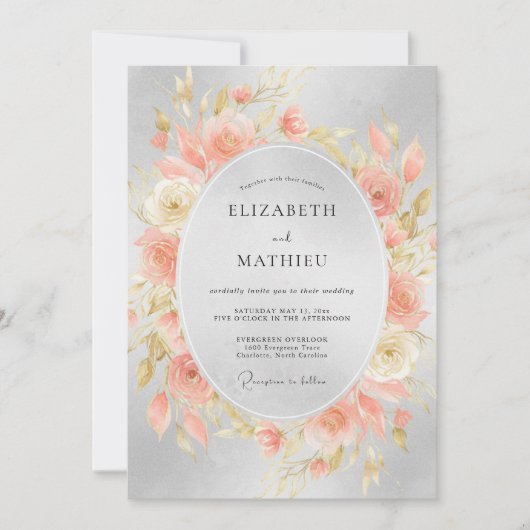 Invitation Mariage Corail Argent Paeonia (Devant)