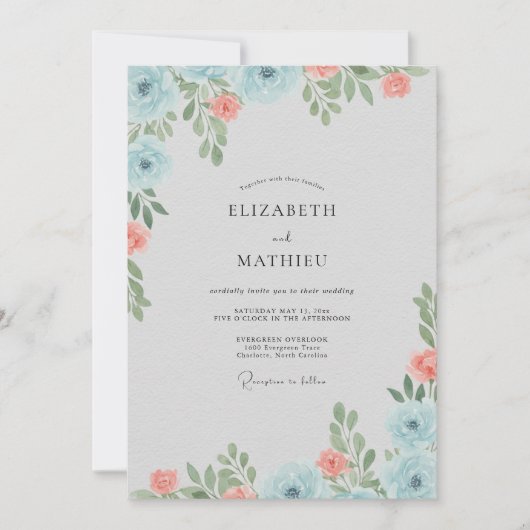 Invitation Mariage Corail Azur Feuillu (Devant)