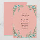 Invitation Mariage Corail Chaud Aqua Feuillu (Devant / Derrière)