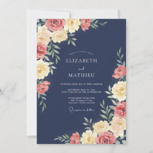 Invitation Mariage Corail de minuit Ranunculus Eucalyptus Gri