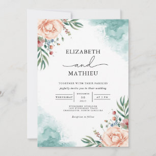 Invitation Mariage corail et arche en fleur Turquoise