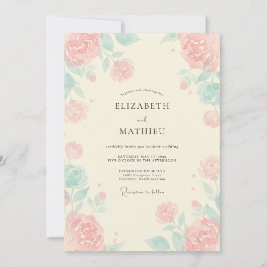 Invitation Mariage Corail Paeonie Rose Menthe (Devant)