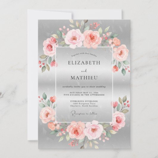 Invitation Mariage Corail Pâle Pétales Argent (Devant)