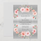 Invitation Mariage Corail Pâle Pétales Argent (Devant / Derrière)