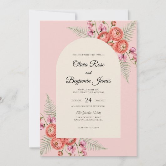 Invitation Mariage Corail Rose Eucalyptus (Devant)