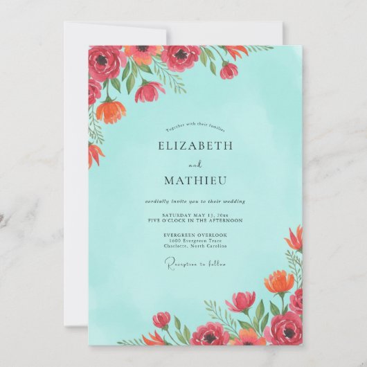 Invitation Mariage Corail Rouge Turquoise (Devant)