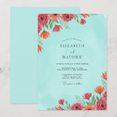 Invitation Mariage Corail Rouge Turquoise (Devant / Derrière)