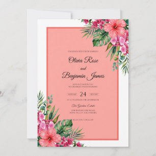 Invitation Mariage Corail Tropical Hibiscus Eucalyptus