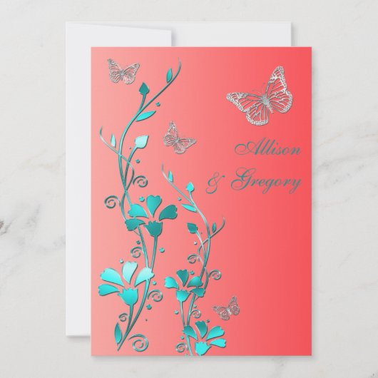 Invitation Mariage| Coral Aqua Grey| Floral| Papillons (Devant)