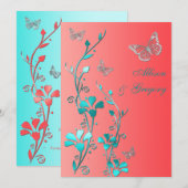 Invitation Mariage| Coral Aqua Grey| Floral| Papillons (Devant / Derrière)