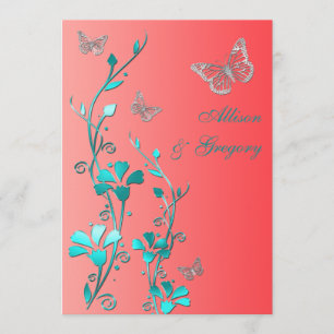 Invitation Mariage Coral Aqua Grey Floral Papillons