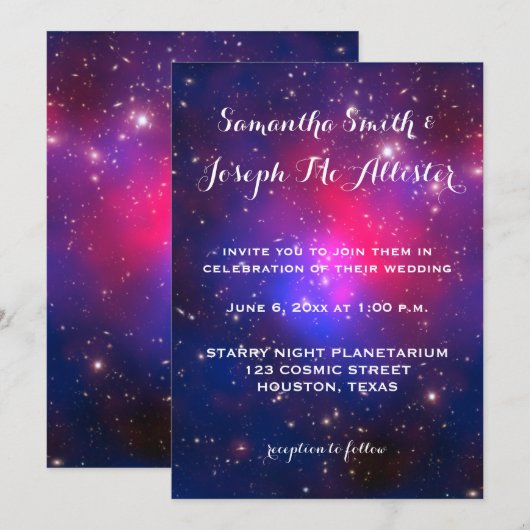 Invitation Mariage cosmique de la grappe en galaxie rose bleu (Devant / Derrière)