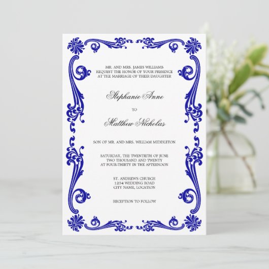 Invitation Mariage Cosmopolite Royal Blue Flourish (Debout devant)
