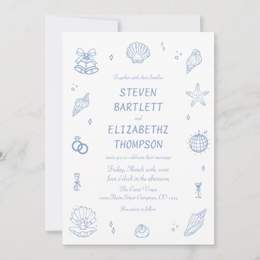 Invitation Mariage côtier bleu poussiéreux tiré à la main (Devant)