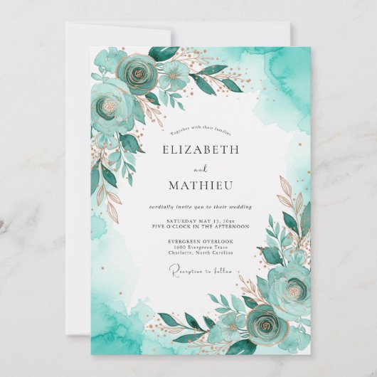 Invitation Mariage côtier doré sarcelle (Devant)